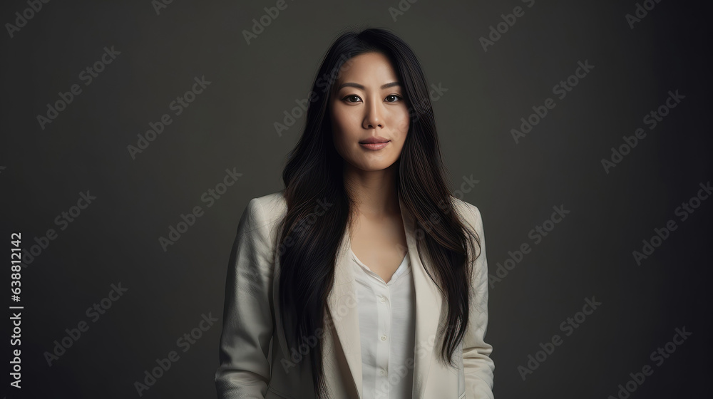 Obraz premium Asian woman in 30s, long black hair, off-white suit