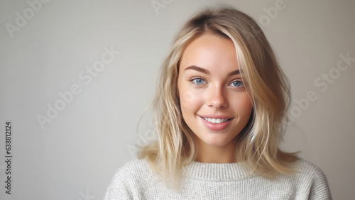 Caucasian woman in 20s, blonde hair, white color theme