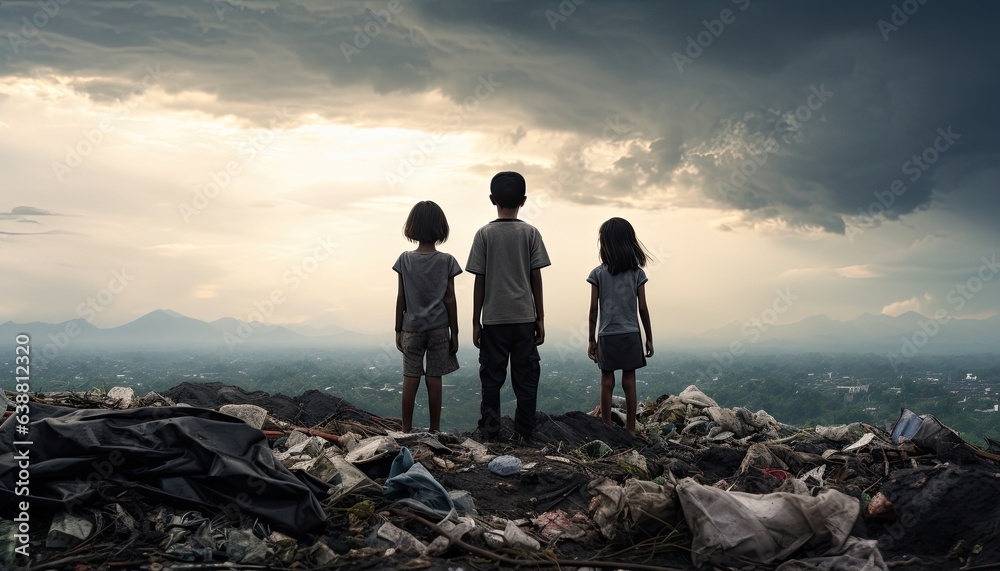 children standing in front of a garbage pit - obrazy, fototapety, plakaty 