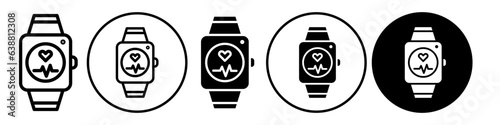 Fitness smart watch icon. Symbol of wrist fitness tracker of heart rate or oxygen beat level. Vector set of smart sport hand wearable with strap and screen display to track walking running pulse 