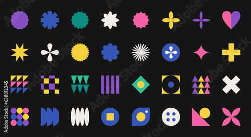 Set of simple geometric shapes in style of Swiss minimalism, Bauhaus, Brutalism. Abstract design elements. Color Vector decorative elements isolated on black background