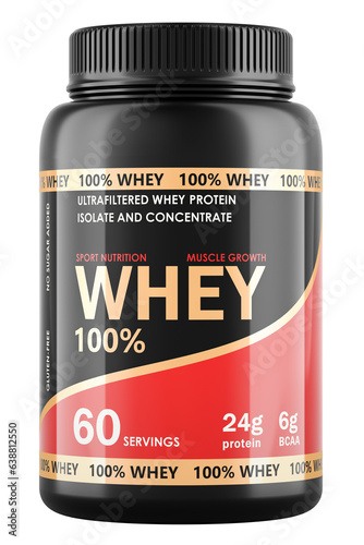 Quadro su tela Whey Protein Powder Jar, 3D rendering isolated on transparent background