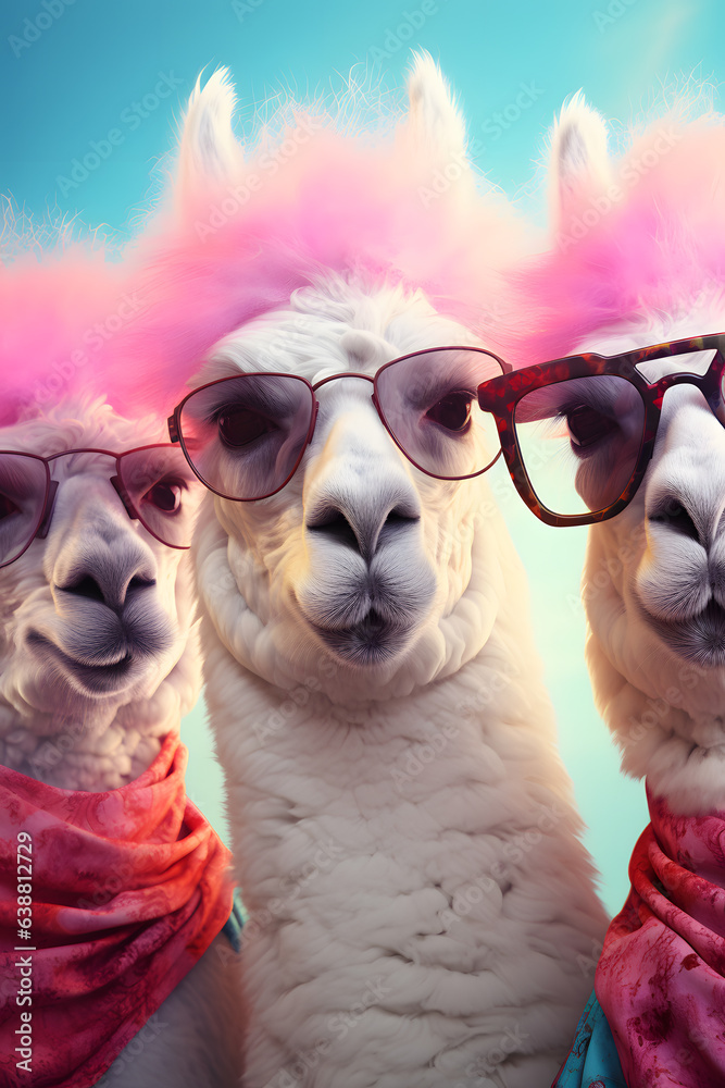 Portrait of tree alpacas with sunglasses and funny hairstyle on the pastel blue and pink background
