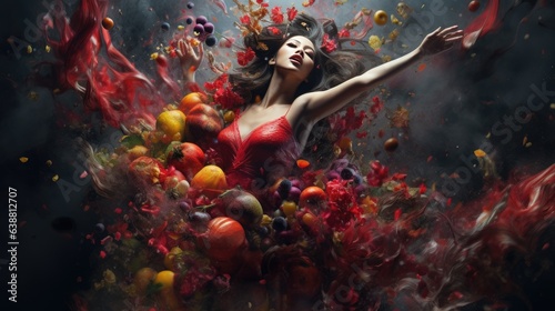 a young woman dressed as a flower with red apples, in the style of colorful turbulence, chiaroscuro portraitures