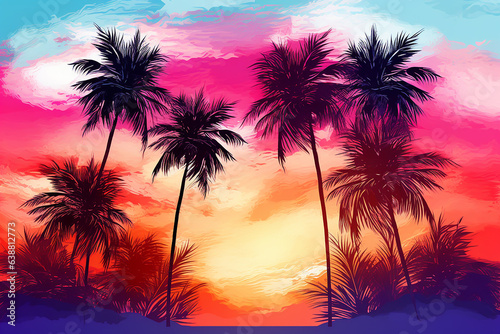 Sunset over the sea on tropical beach with palm tree and colorful sky watercolor vector Generative AI © Wida
