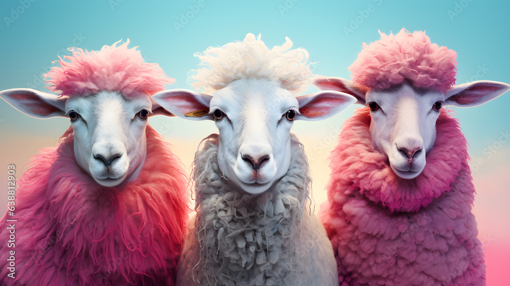 Obraz premium Funny group of colorful sheep posing on the pastel blue background
