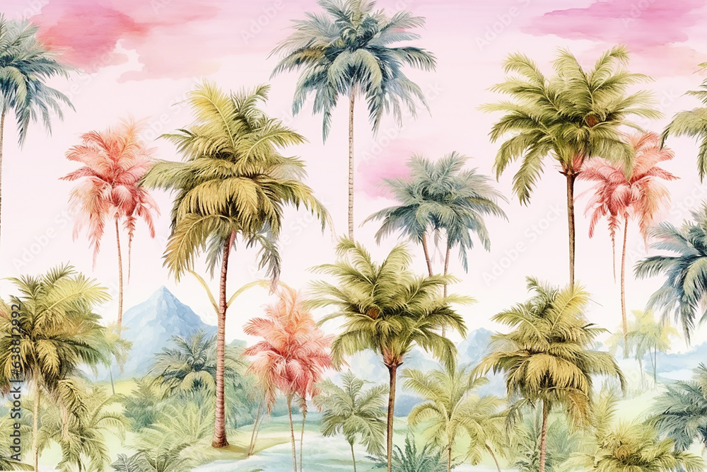 Beautiful seamless floral pattern background. Landscape with watercolor palm trees. Generative AI