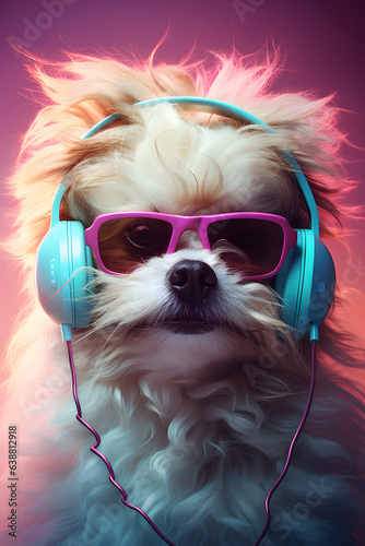 Portrait of funny dog wearing sunglasses and headphones on the pink pastel background.