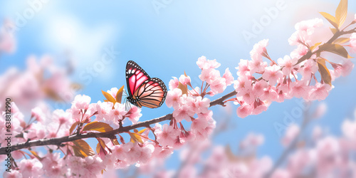 butterfly on a pink cherry blossoms spring floral background on a blue sky cherry flowers blossoming ai generative