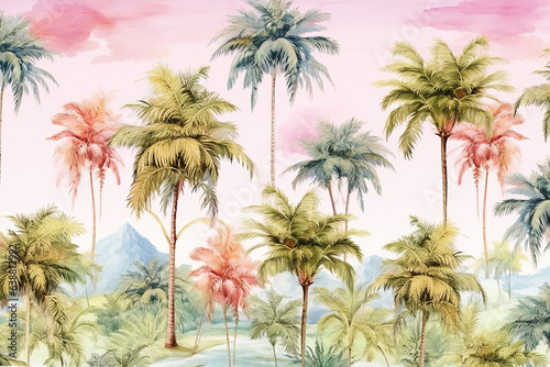 Beautiful seamless floral pattern background. Landscape with watercolor palm trees. Generative AI © Wida