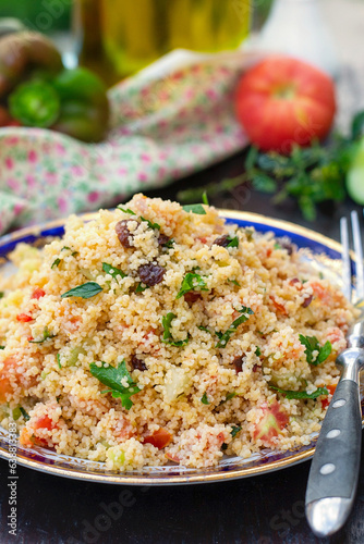 Traditional Mediterranean Levantine salad Tabbouleh with couscous and fresh summer vegetables