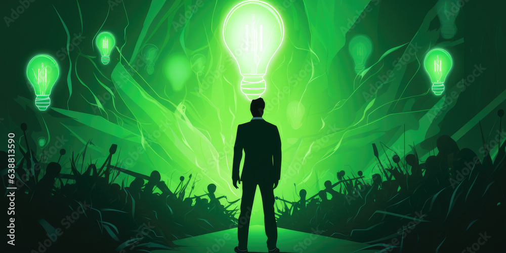 Fototapeta premium silhouette of a person having an idea, lightbulb