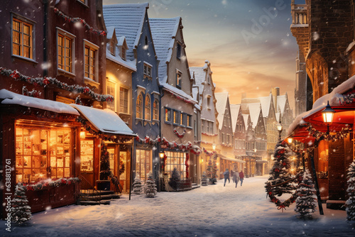 bustling shot of a Christmas market in a snowy town square, featuring charming stalls, twinkling lights, and cheerful people 