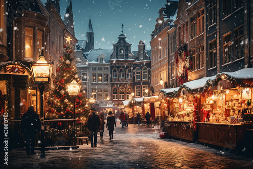 bustling shot of a Christmas market in a snowy town square, featuring charming stalls, twinkling lights, and cheerful people  photo
