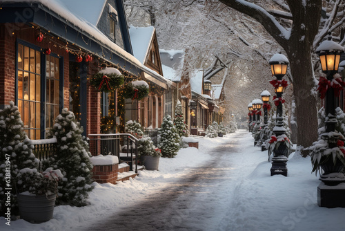photo capturing the charm of a small town's snow-covered streets lined with shops, bustling with holiday shoppers and festive decor 