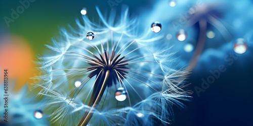 Dandelion with droplets of water on a blue and turquoise beautiful background, generative AI