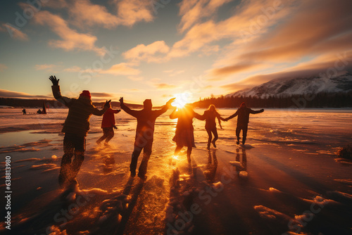 dynamic photo of people ice skating on a frozen lake, surrounded by a snowy landscape, capturing the grace and joy of the moment photo