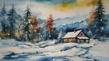 Watercolor hand-drawn illustration Aquarell Winter wonderland landscape Mountains  AI 