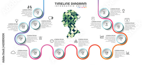 12 month calendar design concept, modern timeline, infographic template for business.Can be used for presentations, flowcharts, diagrams, signs. Vector illustration.