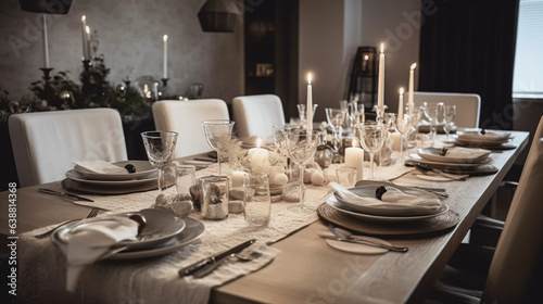 Christmas table setting with decorations and wine glasses modern seasonal white candles AI 