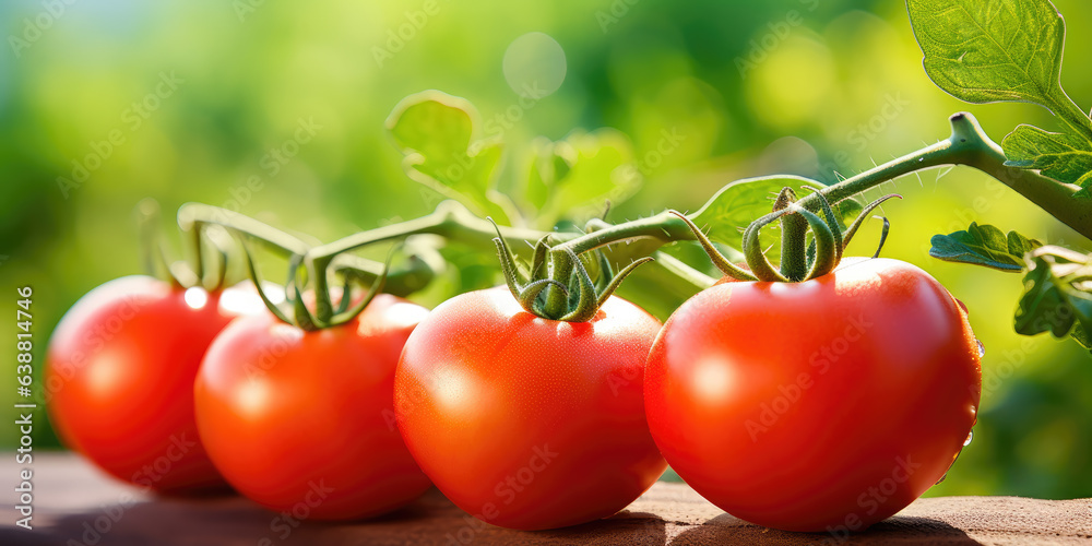 A bunch of fresh red tomatoes on the table on a green background