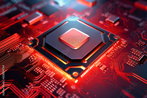A powerful computer processor or chip on a motherboard. Modern technologies. Red background.