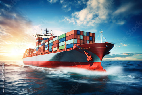 Global business logistics import-export cargo. A cargo ship with sea containers on board goes through the sea. Transportation of goods across the ocean.