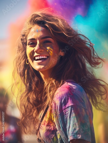Charming young girl feeling happy at Holi color festival