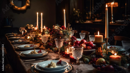 Christmas table setting with decorations and wine glasses modern seasonal opulent AI 