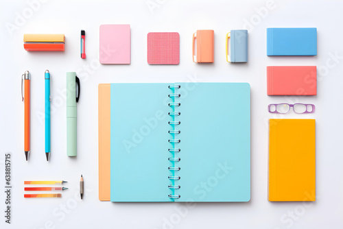 Colorful stationery arranged on a white background.