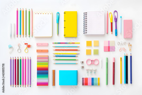 Colorful stationery arranged on a white background.