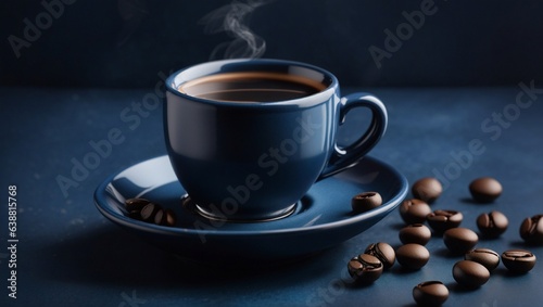 cup of coffee with beans with blue background
