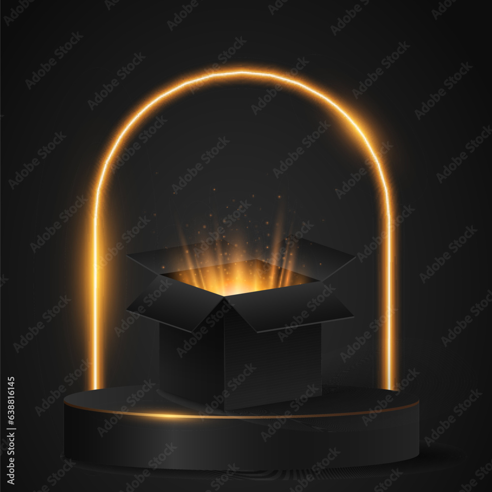 Mystical open 3D box with golden glow and magical dust standing against a luxurious podium with glowing arc. Graphic elements for Black Friday sale. Vector illustration. Mystical open 3D box with golden glow and magical dust standing against a luxurious podium with glowing arc. Graphic elements for Black Friday sale. Vector illustration.