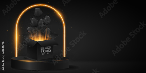 Black balloons fly out of a magical open 3D box with golden glow and fairy dust standing against a luxurious podium. Graphic elements for Black Friday sale. Vector illustration.