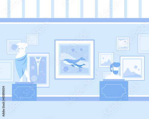 Art exhibition at gallery in blue color vector illustration. Drawing of paintings of whales and landscapes on wall, marble sculpture, bust of man. Art, recreation, leisure, entertainment concept