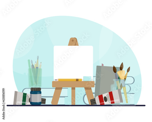 Tiny easel and art supplies for artists vector illustration. Cartoon drawing of canvas, pencil, eraser, tubes of paint, paintbrushes in glass holder, art books. Art, creativity, hobby, crafts concept