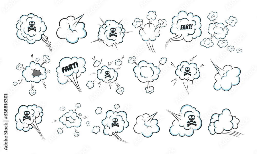 Smelling pop art comic book cartoon fart cloud flat style design vector illustration set with text and skull with crossed bones. Bad stink or toxic aroma cartoon smoke cloud. Smelling pop art comic book cartoon fart cloud flat style design vector illustration set with text and skull with crossed bones. Bad stink or toxic aroma cartoon smoke cloud.