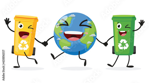 Cute cartoon trash bin and Earth planet, isolated on white background