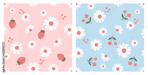 Seamless pattern with flowers, strawberry, cherry fruit on pink and blue background vector illustration.