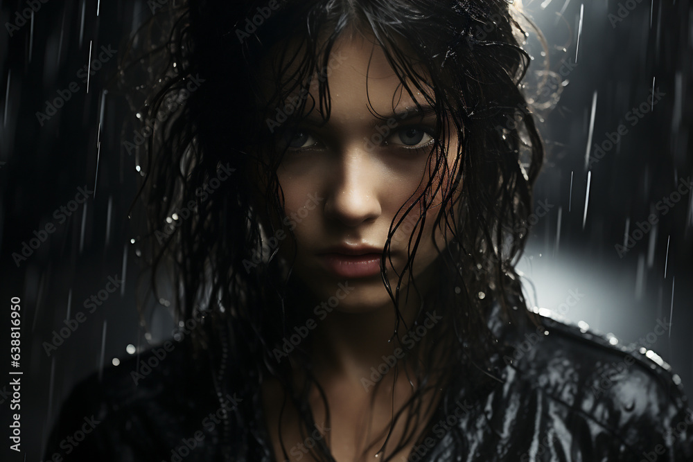 Foto de retrato de una chica bajo la lluvia. Ia Generativa