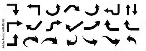 Set of black curved arrows. Way direction arrow sign. Way sign. Road navigation arrows. Driving direction mark, location point crossroad. Vector illustration