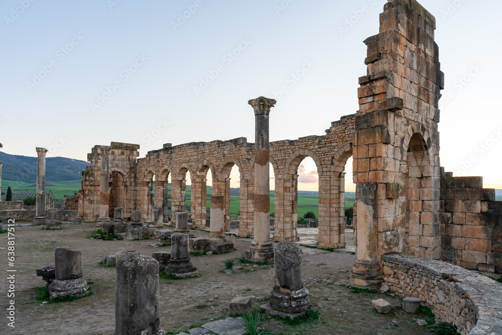 Captivating remnants of ancient civilization Volubilis, Morocco. These well-preserved ruins transport you to a bygone era, where you find the legacy  in an aintricate architecture