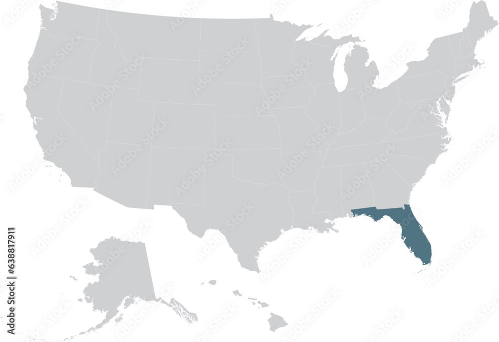 Fototapeta premium Blue Map of US federal state of Florida within gray map of United States of America