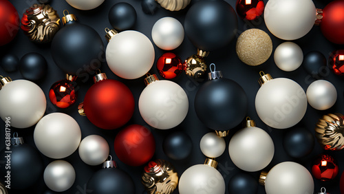 lots of white red blue christmas tree balls lying close together on a blue background  generative AI