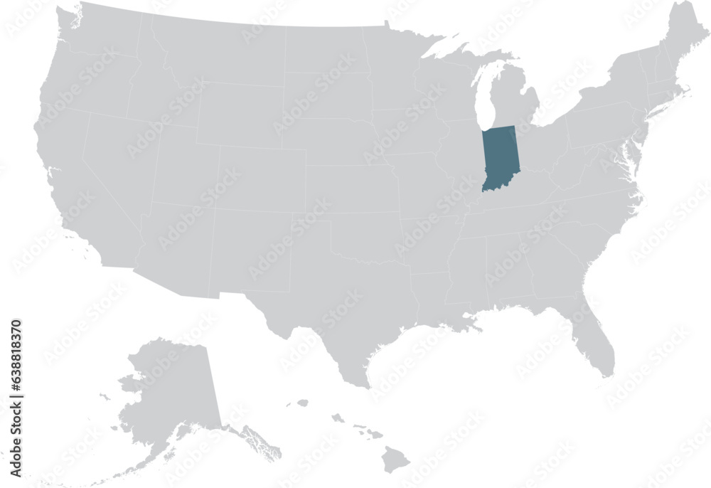 Blue Map of US federal state of Indiana within gray map of United States of America