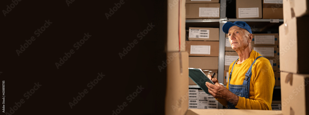 Elderly male inventory manager checks stock, writing notes in the clipboard. Senior man working in a warehouse storeroom with shelves full of cardboard boxes. Copy space Elderly male inventory manager checks stock, writing notes in the clipboard. Senior man working in a warehouse storeroom with shelves full of cardboard boxes. Copy space