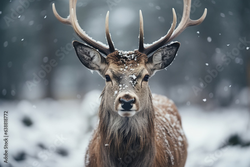 Beautiful deer with antlers in snowy forest on winter day looking at camera, close-up. Wild animal theme