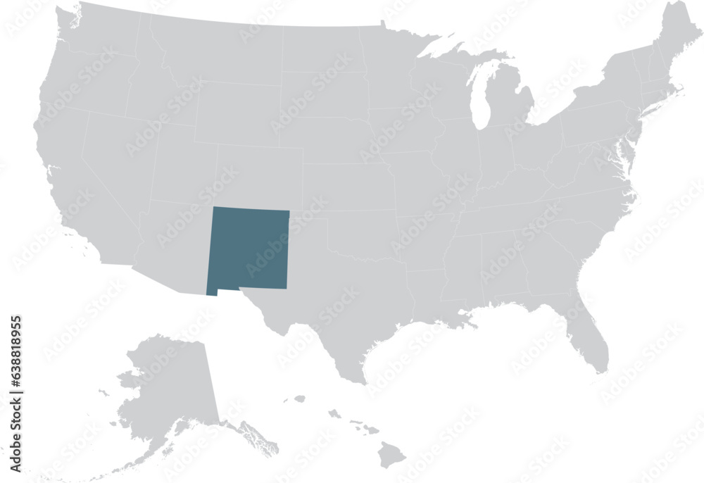 Blue Map of US federal state of New Mexico within gray map of United States of America