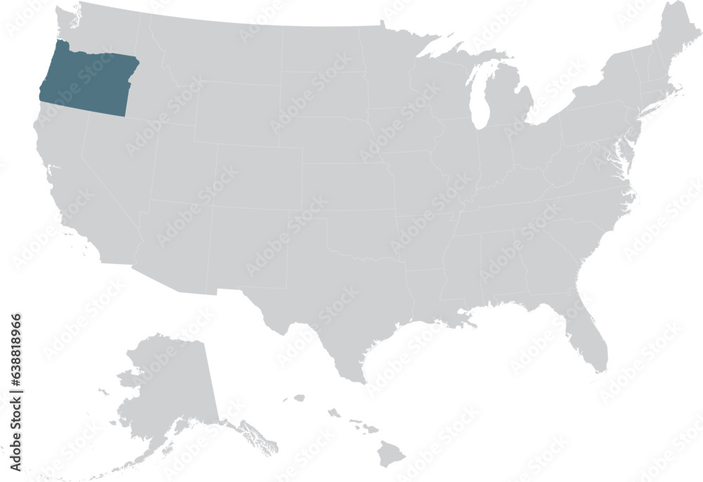 Blue Map of US federal state of Oregon within gray map of United States of America