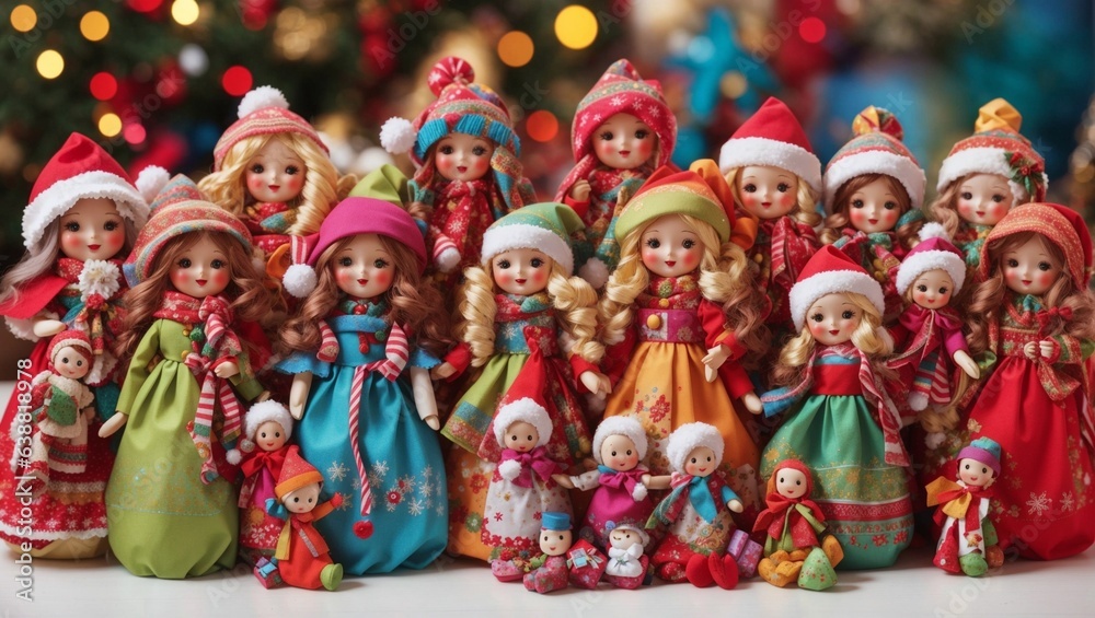  A gathering of happy and colorfulc hristmas dolls
